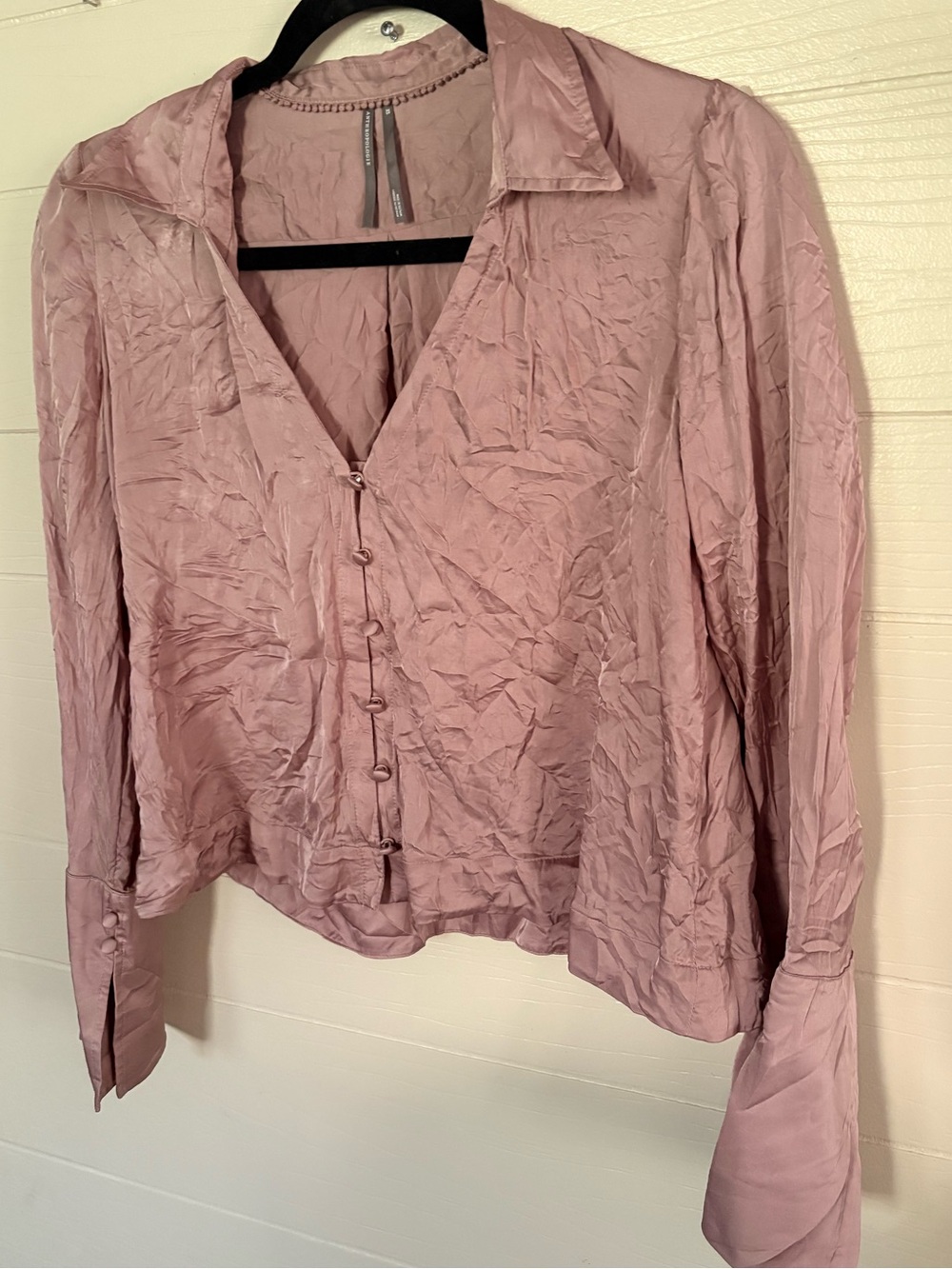 Anthropologie Mauve Dusty Rose Button-Front Flowy Satin Blouse w French Cuffs XS